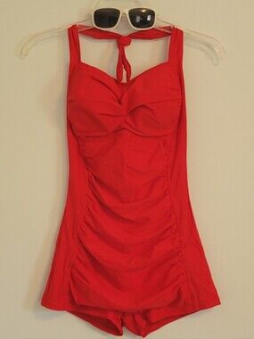 Century Star Red Halter Tie Padded One Piece Vintage Boy-Leg Romper Swimsuit. L